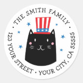 7月4日に帰ってくる愛国的な帽子をかぶった猫 ラウンドシール (正面)