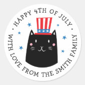 7月4日に愛国的な帽子をかぶった猫 ラウンドシール (正面)