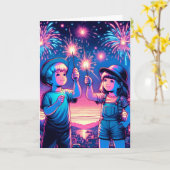 7月4日に花火を上げる子どもたち カード (黄色い花)