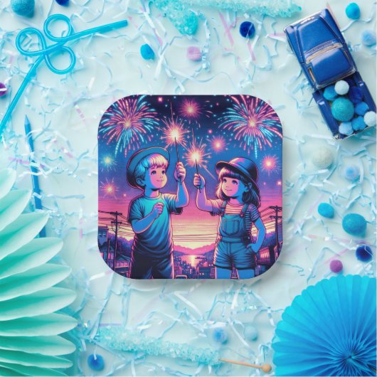 7月4日に花火を上げる子どもたち ペーパープレート (パーティー)