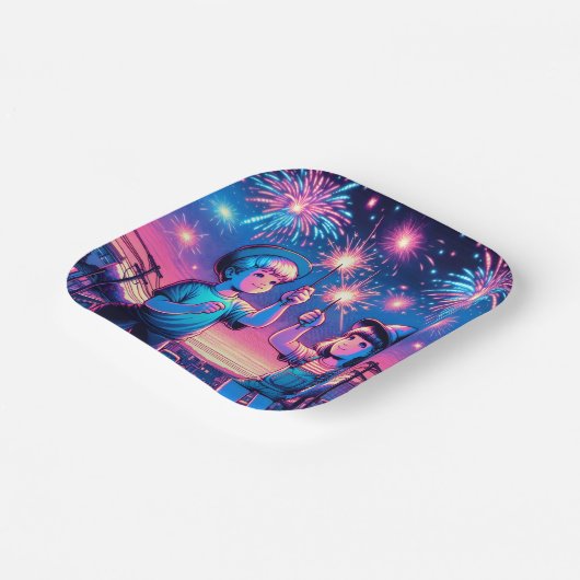 7月4日に花火を上げる子どもたち ペーパープレート (傾斜あり)