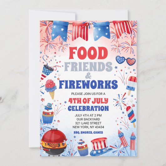 7月4日のお祝い フード フレンズ ファイヤーワークス パーティー 招待状 (正面)