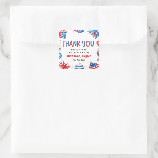 7月4日のかわいい赤白青誕生日ありがとう スクエアシール (バッグ)