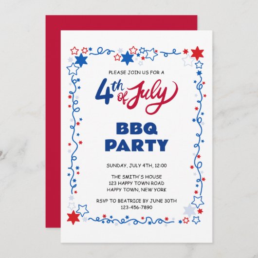 7月4日のカスタマイズ可能な独立記念日BBQ 招待状 (正面/裏面)
