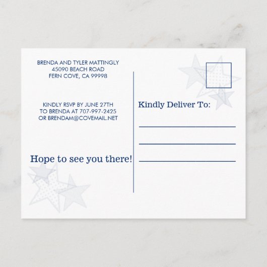 7月4日のスターとストライプ愛国モダン的BBQ インビテーションポストカード (裏面)