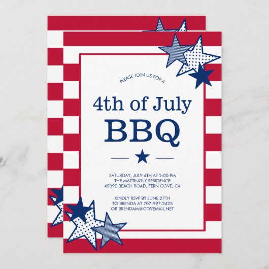 7月4日のスターとストライプ愛国モダン的BBQ 招待状 (正面/裏面)