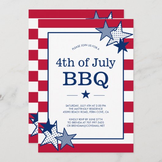 7月4日のスターとストライプ愛国モダン的BBQ 招待状 (正面/裏面)