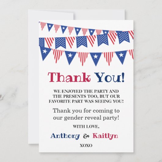7月4日のバンティング旗のジェンダーがパーティー サンキューカード (正面)