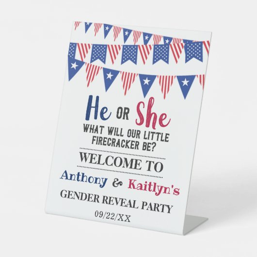 7月4日のバンティング旗のジェンダーがパーティー 台座サイン (正面)