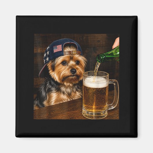 7月4日のビールを飲むヨーキーの犬の面白いミーム マグネット (正面)