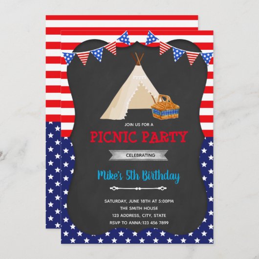 7月4日のピクニックパーティの招待状 招待状 (正面/裏面)