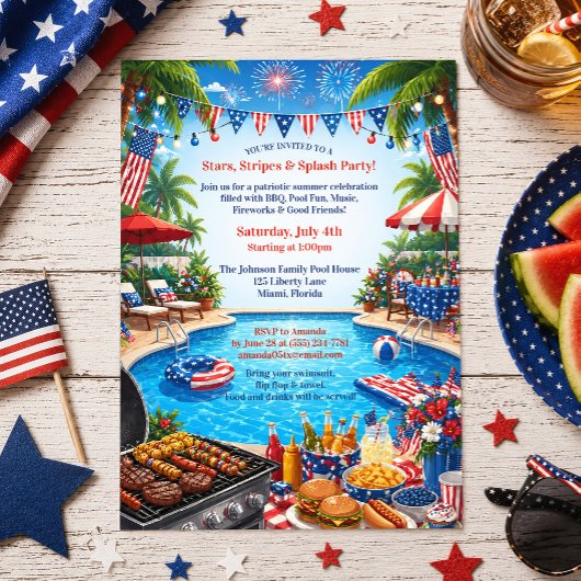 7月4日のプールパーティー愛国BBQ 招待状