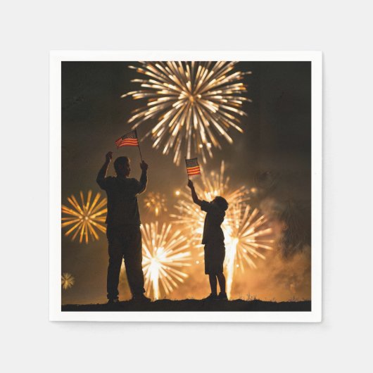 7月4日の国旗と花火 スタンダードカクテルナプキン (正面)