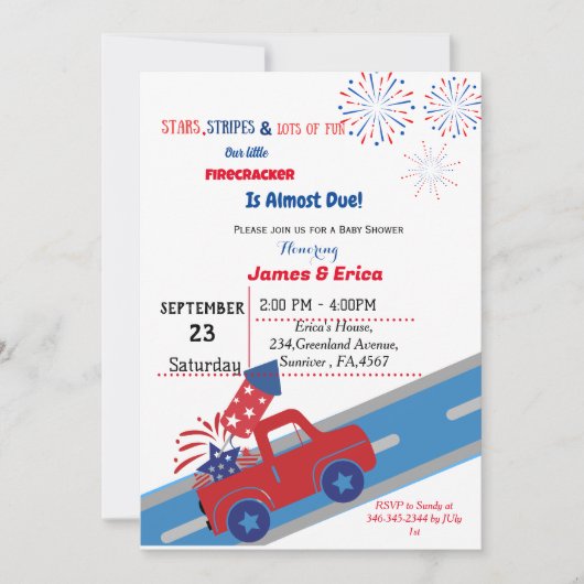 7月4日の小さな爆竹の赤ちゃんシャワー 招待状 (正面)