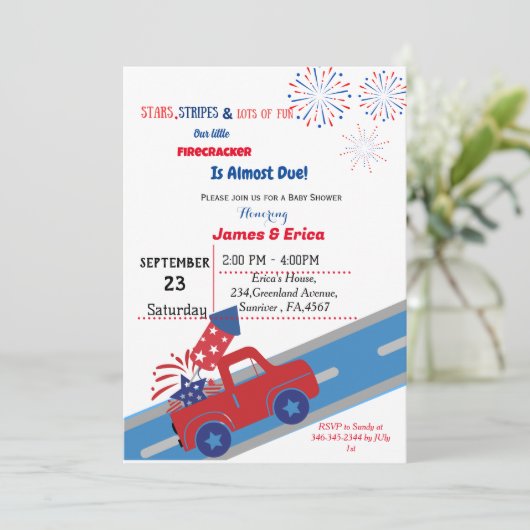 7月4日の小さな爆竹の赤ちゃんシャワー 招待状 (スタンド正面)