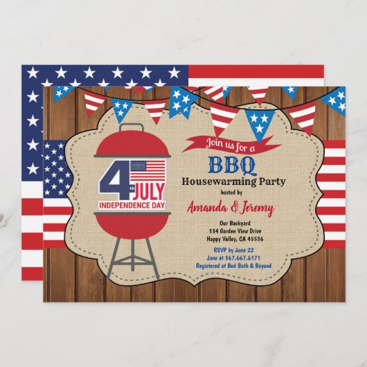 7月4日の引っ越し祝いパーティーのパーティーBBQの素朴な木 招待状 (正面/裏面)