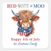7月4日の愛国の牛の幸せ赤白青 スクエアシール (正面)