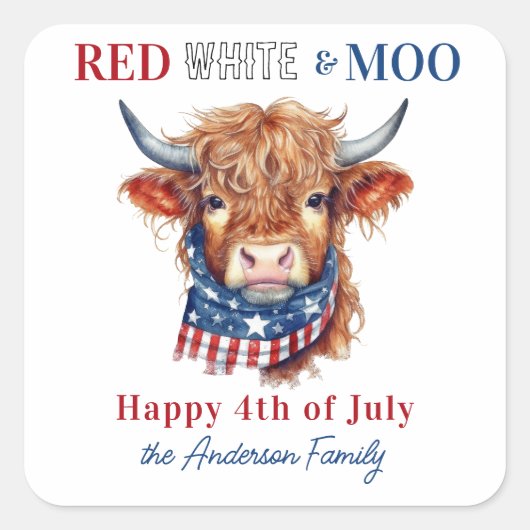 7月4日の愛国の牛の幸せ赤白青 スクエアシール (正面)