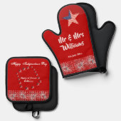 7月4日の愛国的なミセス・スクリプモダント・レッド・おもしろい 鍋つかみ&鍋敷きセット (正面/裏面)
