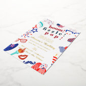 7月4日の愛国的な第4次ブームBBQ ポップ・アートのBBQ 箔招待状 (回転した状態)