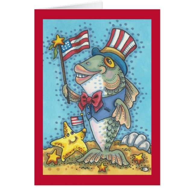 7月4日の愛国的な魚グリーティングカード 詩 (正面)