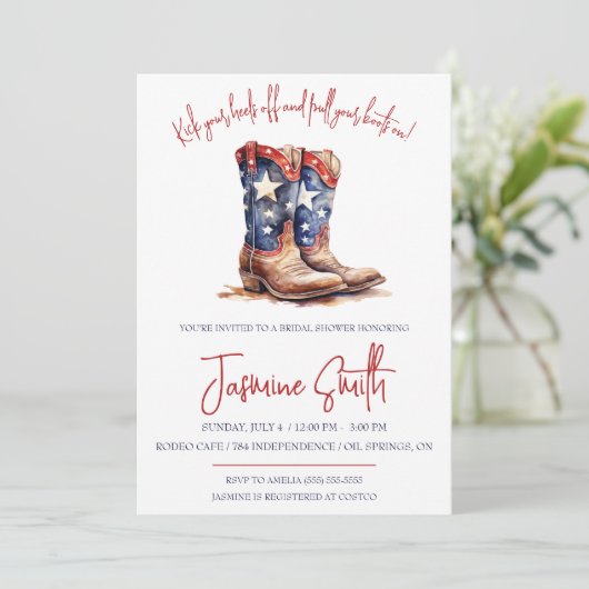 7月4日の愛国的な4日、女性のカーボーイブーツブライダルシャワー 招待状 (スタンド正面)