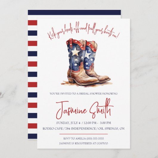 7月4日の愛国的な4日、女性のカーボーイブーツブライダルシャワー 招待状 (正面/裏面)