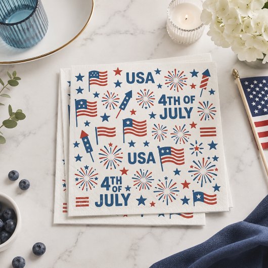 🇺🇸7月4日の愛国 🇺🇸 | 花火、星、フラグ スタンダードカクテルナプキン