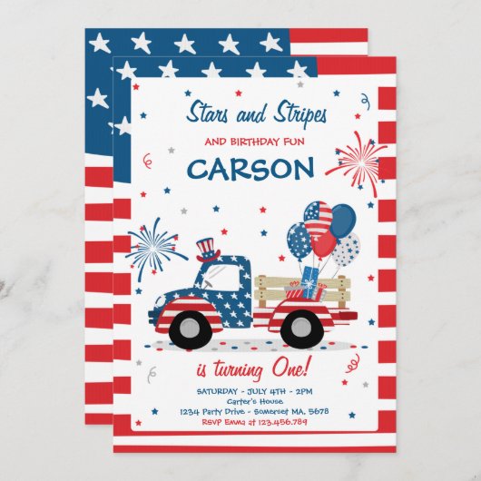 7月4日の星とストライプ誕生日おもしろい 招待状 (正面/裏面)