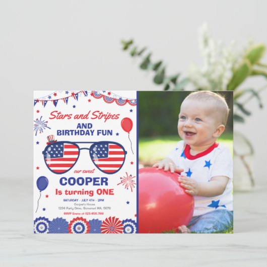 7月4日の星とストライプ1歳の誕生日 招待状 (スタンド正面)