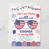 7月4日の星とストライプ1歳の誕生日 招待状 (正面)