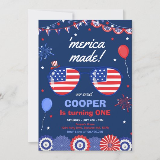 7月4日の星とストライプ1歳の誕生日 招待状 (正面)