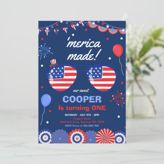 7月4日の星とストライプ1歳の誕生日 招待状 (スタンド正面)
