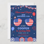 7月4日の星と縞の1歳の誕生日 招待状 (正面)