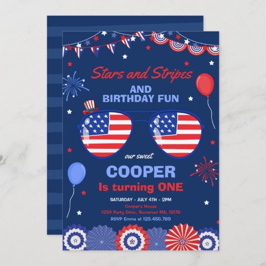 7月4日の星と縞の1歳の誕生日 招待状 (正面/裏面)