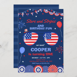 7月4日の星と縞の1歳の誕生日 招待状