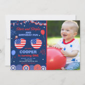 7月4日の星と縞の1歳の誕生日 招待状 (正面)