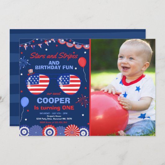 7月4日の星と縞の1歳の誕生日 招待状 (正面/裏面)