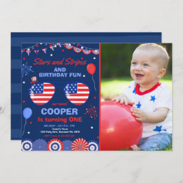 7月4日の星と縞の1歳の誕生日 招待状