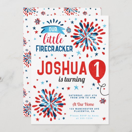 7月4日の最初の誕生日の小さな爆竹 招待状 (正面/裏面)