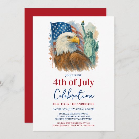 7月4日の水彩画イーグル愛国的パーティー 招待状 (正面/裏面)