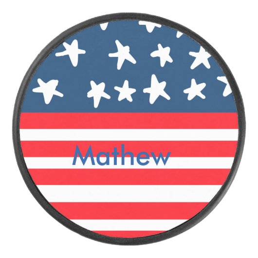 7月4日の独立記念日を追加ネーム文字米国国旗 アイスホッケーパック (正面)