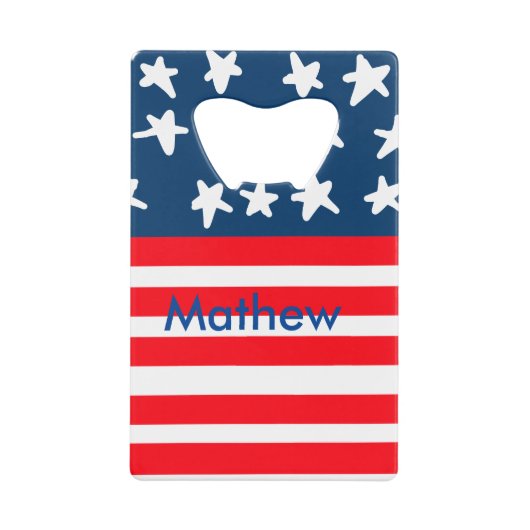 7月4日の独立記念日を追加ネーム文字米国国旗 クレジットカード栓抜き (正面)