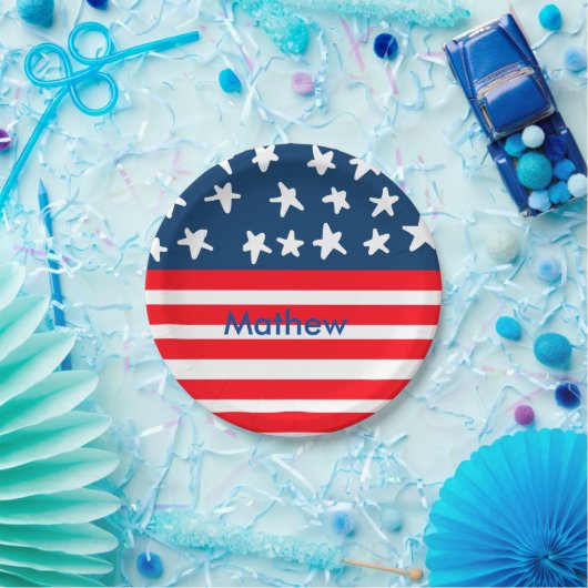 7月4日の独立記念日を追加ネーム文字米国国旗 ペーパープレート (パーティー)