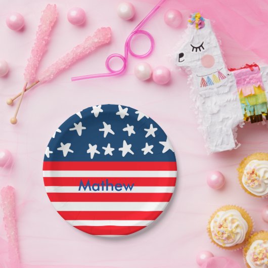 7月4日の独立記念日を追加ネーム文字米国国旗 ペーパープレート (パーティー)