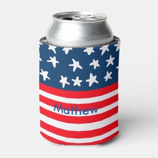 7月4日の独立記念日を追加ネーム文字米国国旗 缶クーラー (缶正面)