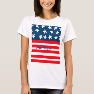 7月4日の独立記念日を追加ネーム文字米国国旗 Tシャツ