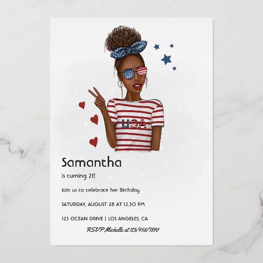 7月4日の独立記念日アメリカの誕生日パーティー 箔招待状 (裏面)