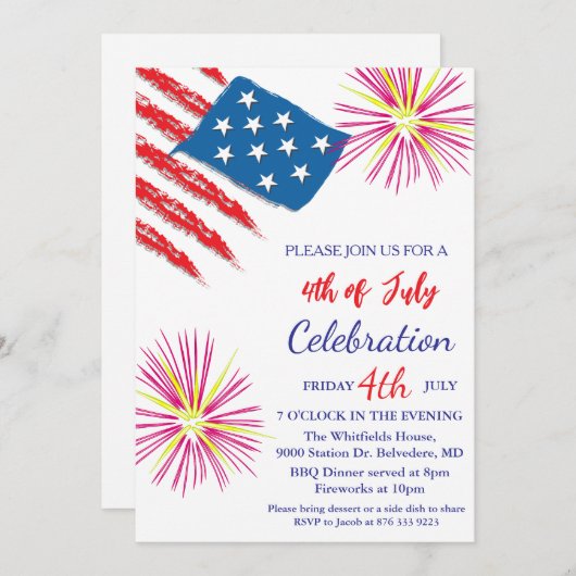 7月4日の独立記念日パーティー赤白青 招待状