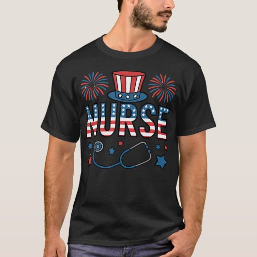 7月4日の看護師 アメリカ国旗 愛国ハート Tシャツ (正面)